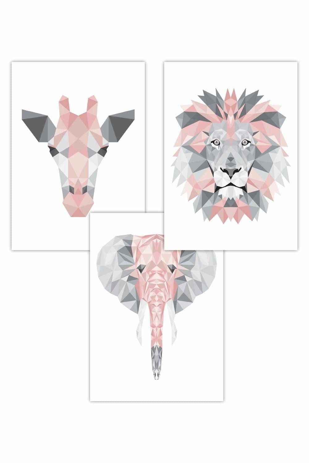 Set of 3 Geometric Pink Grey Jungle Animal Heads Art Posters